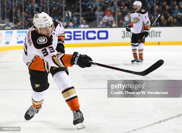 Jakob Silfverberg of the Anaheim Ducks shoots on goal against the San Jose Sharks during the first period in Game Three of the Western Conference...