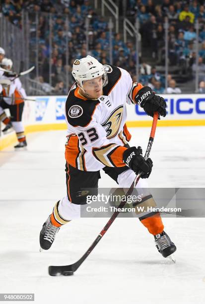 Jakob Silfverberg of the Anaheim Ducks shoots on goal against the San Jose Sharks during the first period in Game Three of the Western Conference...