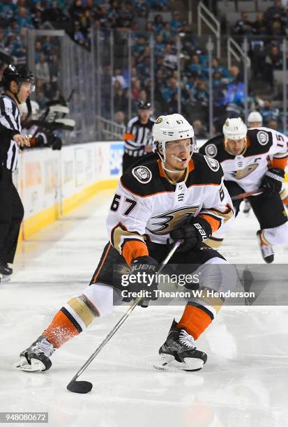 Rickard Rakell of the Anaheim Ducks skates with control of the puck against the San Jose Sharks during the third period in Game Three of the Western...