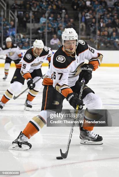 Rickard Rakell of the Anaheim Ducks skates with control of the puck against the San Jose Sharks during the third period in Game Three of the Western...