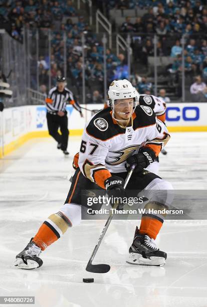 Rickard Rakell of the Anaheim Ducks skates with control of the puck against the San Jose Sharks during the third period in Game Three of the Western...