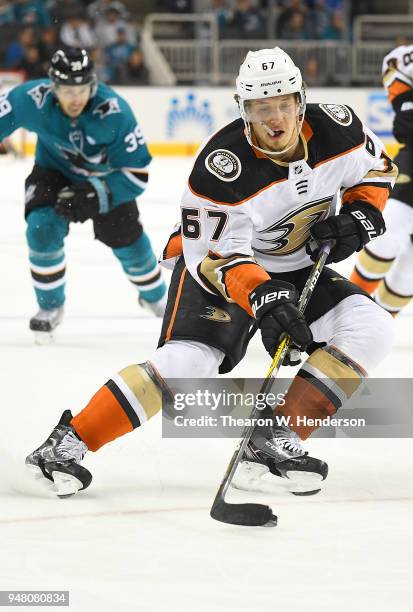 Rickard Rakell of the Anaheim Ducks skates with control of the puck against the San Jose Sharks during the third period in Game Three of the Western...