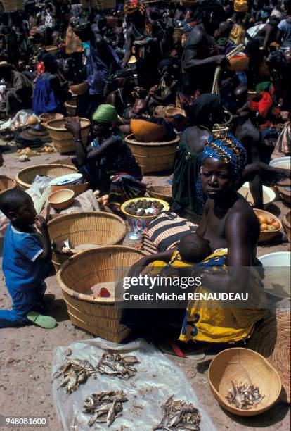 MALI/PAYS DOGON/SANGHA MARCHE/FEMME VENDANT DE PETITS POISSONS SECS MALI/PAYS DOGON/SANGHA MARCHE/FEMME VENDANT DE PETITS POISSONS SECS.