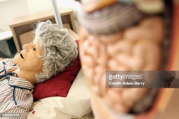 An instructional anatomical training dummy lies in a hospital bed at a training center for senior citizen care providers at the Evangelical Johannes...
