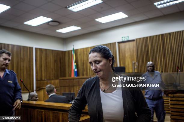 Former realtor Vicki Momberg reacts at the end of her appeal trial on April 18, 2018 at the Randburg Magistrate Court, in Johannesburg, where she...