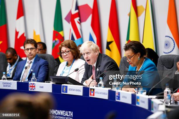 Foreign Minister of Commonwealth countries meet at the round table during Commonwealth Heads of Government Meeting in Lancaster House in London,...