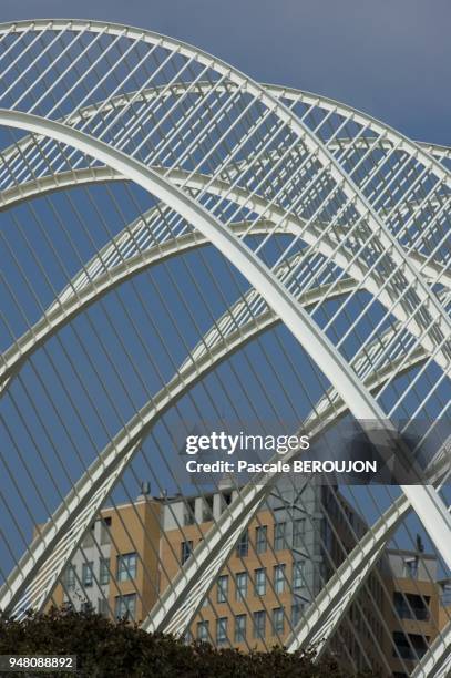 CITE DES ARTS ET SCIENCES, JARDINS ET STRUCTURE D'ARCHES MODERNES, VALENCE, ESPAGNE.