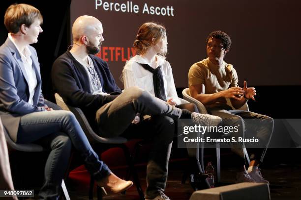 Elaine Pyke, Simon Duric, Sorcha Groundsell and Percelle Ascott attend The Innocents panel during Netflix 'See What's Next' event at Villa Miani on...