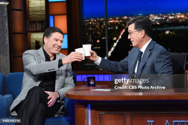 The Late Show with Stephen Colbert guest James Comey during Tuesday's April 17, 2018 show.
