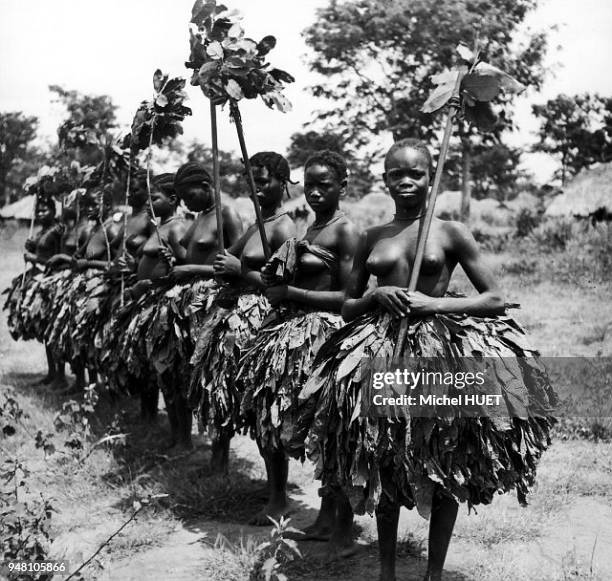 Rite d'initiation d'un groupe de jeunes filles Baya après excision à Bagali en Centrafrique en 1950-1953. Rite d'initiation d'un groupe de jeunes...