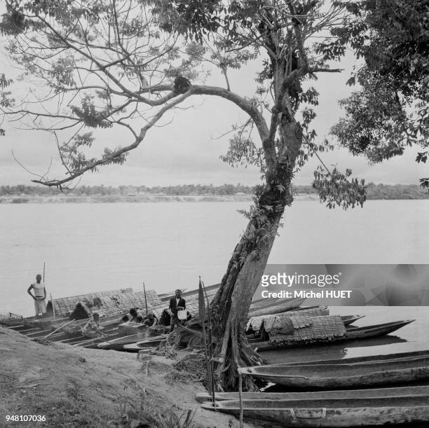 Pirogues de pêcheur au bord du fleuve Congo, dans la province Orientale, circa 1950, République démocratique du Congo.