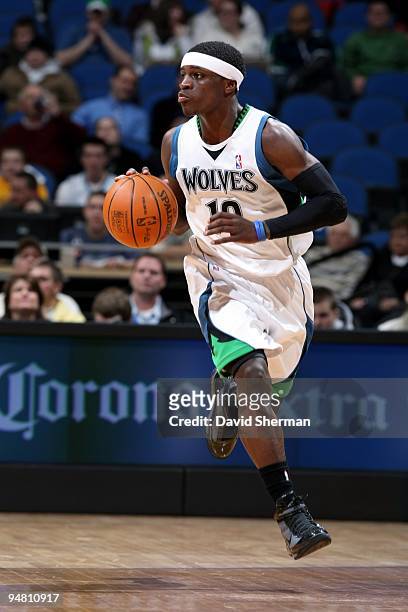 Jonny Flynn of the Minnesota Timberwolves moves the ball up court during the game against the New Orleans Hornets at Target Center on December 9,...