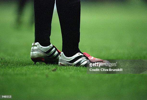 David Beckham of Manchester United football boots during the FA Carling Premiership match against Ipswich Town played at Old Trafford, in Manchester,...