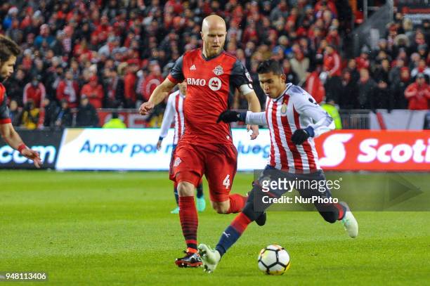 Orbelin Pineda with the ball during the 2018 CONCACAF Champions League Final match between Toronto FC and C.D. Chivas Guadalajara at BMO Field in...