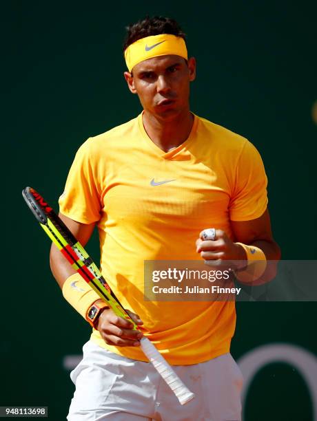 Rafael Nadal of Spain reacts after a point during his Mens Singles match against Aljaz Bedene of Slovenia at Monte-Carlo Sporting Club on April 18,...