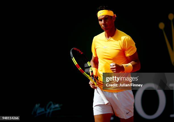 Rafael Nadal of Spain reacts after a point during his Mens Singles match against Aljaz Bedene of Slovenia at Monte-Carlo Sporting Club on April 18,...