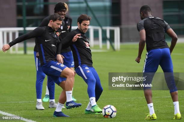 Danny Drinkwater and Cesc Fabregas of Chelsea during a training session at Chelsea Training Ground on April 18, 2018 in Cobham, England.