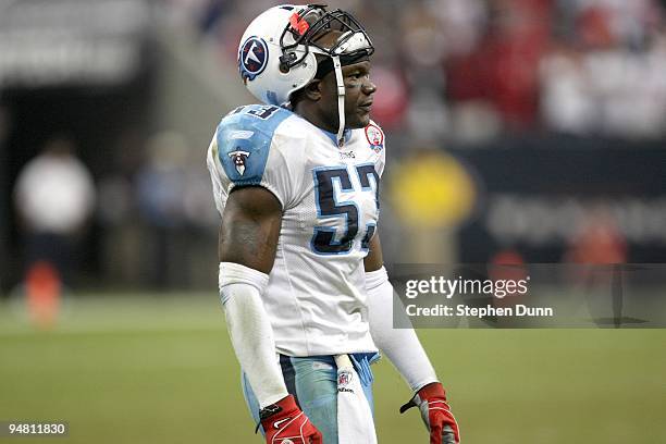 Linebacker Keith Bulluck of the Tennessee Titans on the field in the game with the Houston Texans on November 23, 2009 at Reliant Stadium in Houston,...