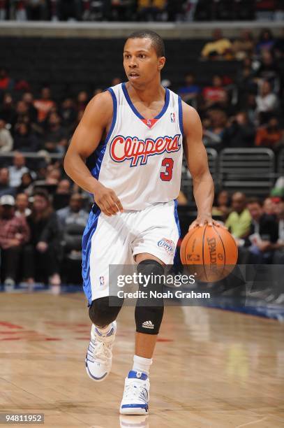 Sebastian Telfair of the Los Angeles Clippers moves the ball against the Houston Rockets during the game at Staples Center on December 2, 2009 in Los...