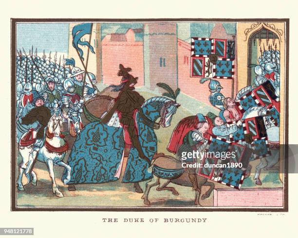 philip the bold duke of burgundy and his army - hundred years war stock illustrations