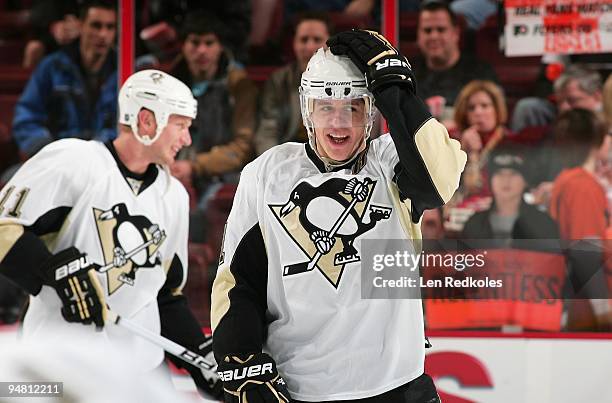 Evgeni Malkin of the Pittsburgh Penguins has some fun during the pregame warm-ups against the Philadelphia Flyers on December 17, 2009 at the...