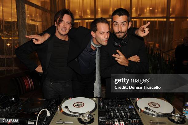 Donovan Leitch, Mikhail Lapushner and Mathieu Schreyer attends the Vanity Fair party at the grand opening of Vdara Hotel & Spa at CitiCenter on...