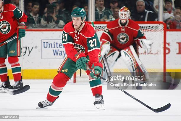 Nathan Smith of the Minnesota Wild attempts to block a shot against the New York Islanders during the game at the Xcel Energy Center on November 20,...