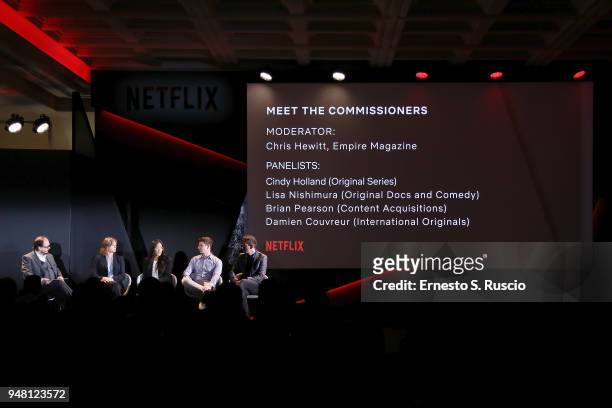 Chris Hewitt, Cindy Holland, Lisa Nishimura, Brian Pearson and Damien Couvreur attend Meet the Commissioners panel during Netflix 'See What's Next'...