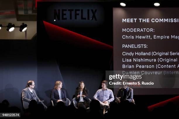 Chris Hewitt, Cindy Holland, Lisa Nishimura, Brian Pearson and Damien Couvreur attend Meet the Commissioners panel during Netflix 'See What's Next'...