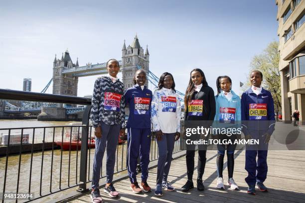 Kenya's Gladys Cherono , Kenya's Vivian Cheruiyot , Kenya's Mary Keitany , Ethiopia's Tirunesh Dibaba, , Ethiopia's Tigist Tufa , Bahrain's Rose...