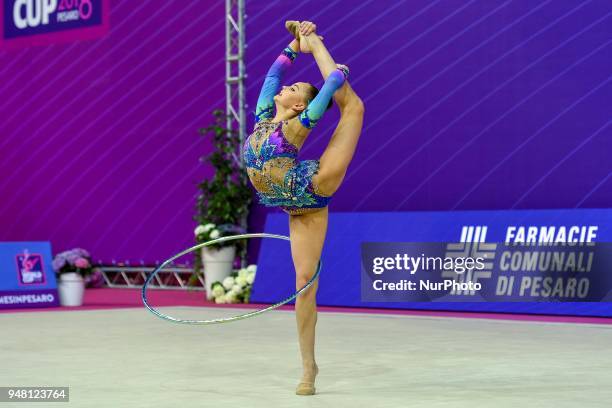 Rhythmic gymnast Arina Averina of Russia performs her hoop routine during the FIG 2018 Rhythmic Gymnastics World Cup at Adriatic Arena on 15 April...
