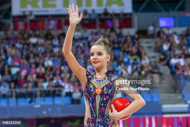 Rhythmic gymnast Dina Averina of Russia performs her ball routine during the FIG 2018 Rhythmic Gymnastics World Cup at Adriatic Arena on 15 April...