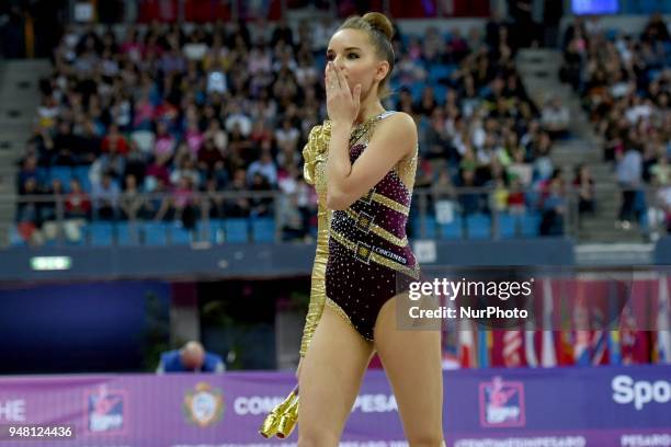 Rhythmic gymnast Dina Averina of Russia performs her clubs routine during the FIG 2018 Rhythmic Gymnastics World Cup at Adriatic Arena on 15 April...