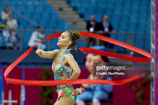 Rhythmic gymnast Dina Averina of Russia performs her ribbon routine during the FIG 2018 Rhythmic Gymnastics World Cup at Adriatic Arena on 15 April...