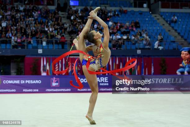 Rhythmic gymnast Arina Averina of Russia performs her ribbon routine during the FIG 2018 Rhythmic Gymnastics World Cup at Adriatic Arena on 15 April...