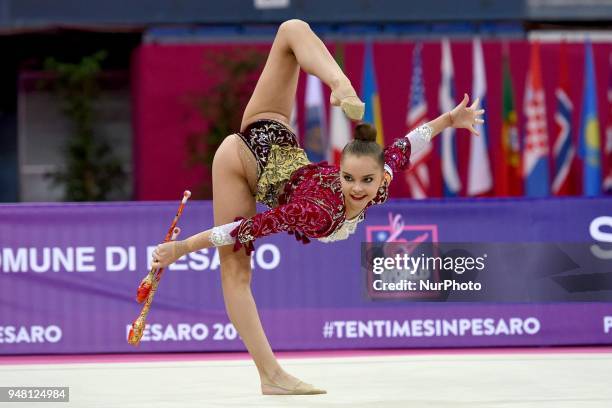 Rhythmic gymnast Arina Averina of Russia performs her clubs routine during the FIG 2018 Rhythmic Gymnastics World Cup at Adriatic Arena on 15 April...