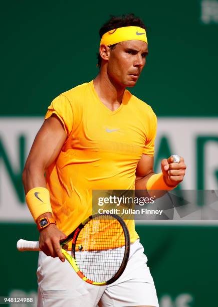 Rafael Nadal of Spain reacts after a point during his Mens Singles match against Aljaz Bedene of Slovenia at Monte-Carlo Sporting Club on April 18,...