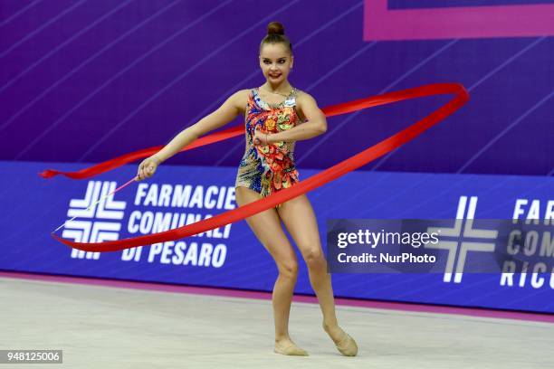 Rhythmic gymnast Arina Averina of Russia performs her ribbon routine during the FIG 2018 Rhythmic Gymnastics World Cup at Adriatic Arena on 15 April...