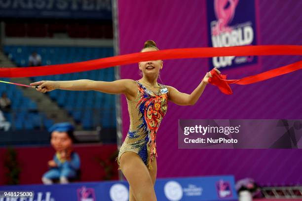 Rhythmic gymnast Arina Averina of Russia performs her ribbon routine during the FIG 2018 Rhythmic Gymnastics World Cup at Adriatic Arena on 15 April...
