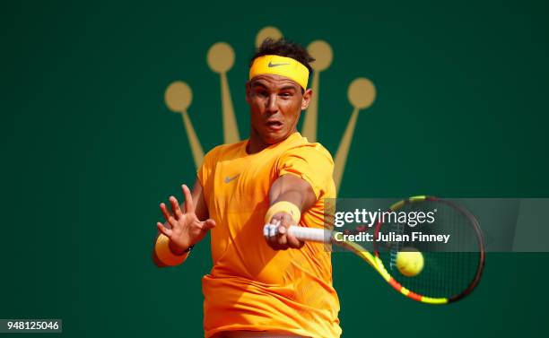 Rafael Nadal of Spain hits a forehand return during his Mens Singles match against Aljaz Bedene of Slovenia at Monte-Carlo Sporting Club on April 18,...