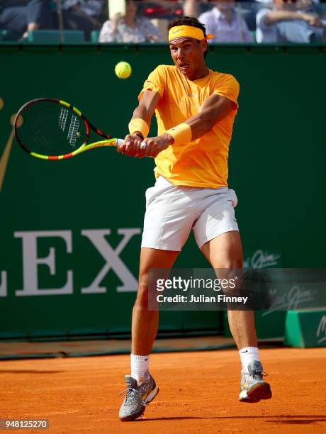 Rafael Nadal of Spain hits a backhand return during his Mens Singles match against Aljaz Bedene of Slovenia at Monte-Carlo Sporting Club on April 18,...