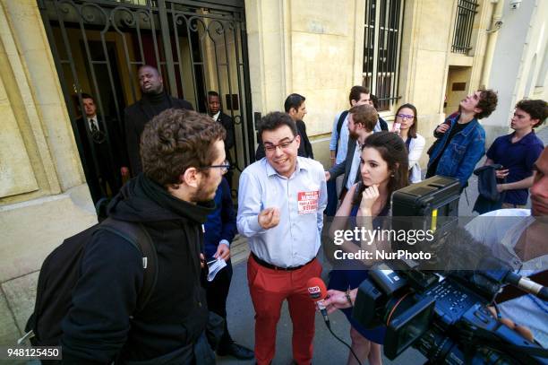 Students from right-wing party object to closure of the entrance of Sciences Po university on April 18, 2018 in Paris, as part of nation-wide...