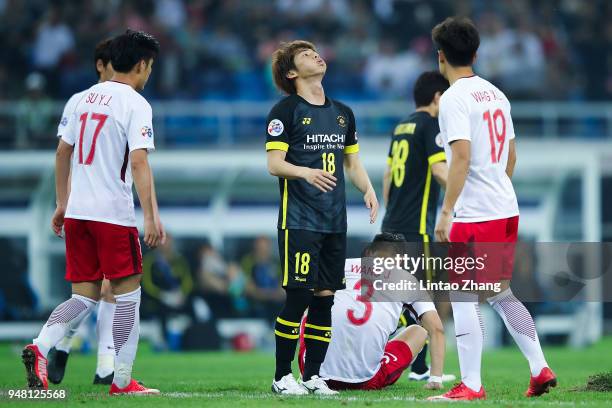 Yusuke Segawa of Kashiwa Reysol reacts during the AFC Champions League Group E match between Tianjin Quanjian and Kashiwa Reysol at Tinjin Olympic...