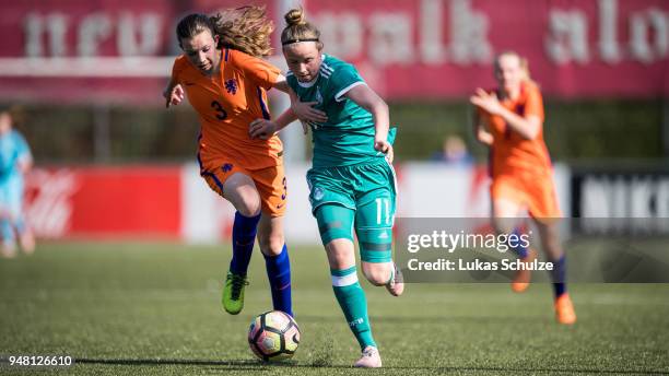 Mayke Lindner of Netherlands and Franziska Kett of Germany in action during the U15 Girls friendly match between Netherlands and Germany at the...