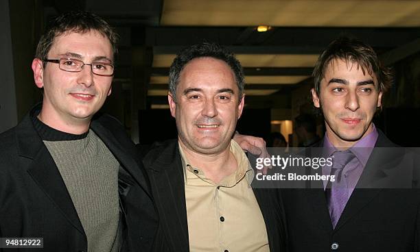 El Bullli from Spain's Ferran Adria restaurant, center, poses with fellow Spanish restaurateurs Andoni Luis Aduriz fom Mugaritz, left, and Jordi Roca...