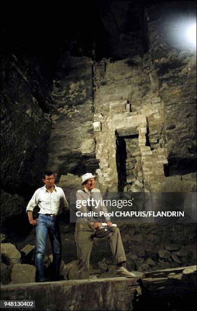 Jean-Philippe Lauer and architect Audran Labrousse in the basement of Pharao Djoser's tomb under the step pyramid.