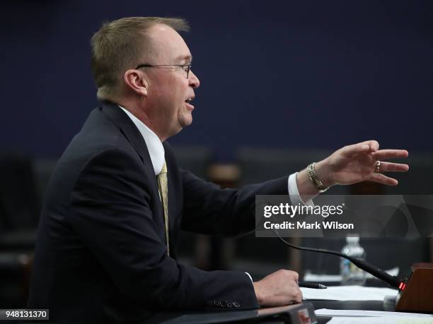 Office of Management and Budget Director Mick Mulvaney testifies during a House Appropriations Committee hearing on Capitol Hill, April 18, 2018 in...