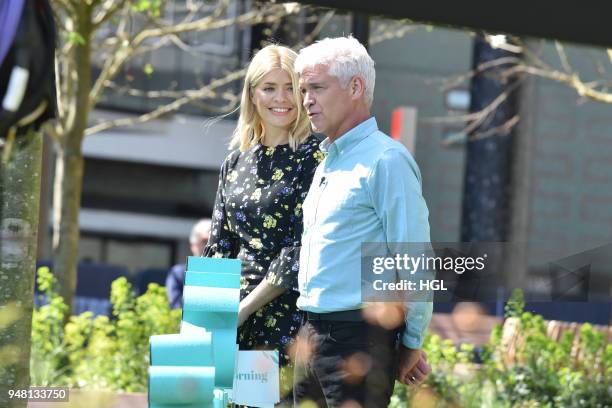 Holly Willoughby & Phillip Schofield seen filming for the This Morning show on April 18, 2018 in London, England.