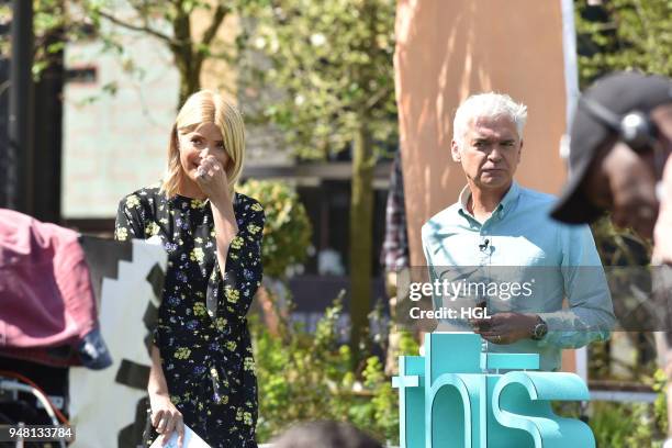 Holly Willoughby & Phillip Schofield seen filming for the This Morning show on April 18, 2018 in London, England.