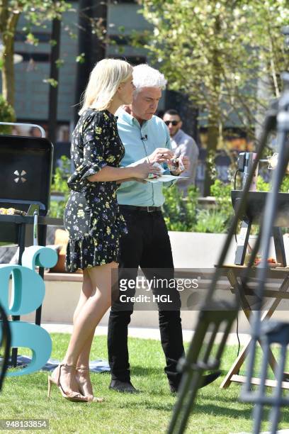 Holly Willoughby & Phillip Schofield seen filming for the This Morning show on April 18, 2018 in London, England.